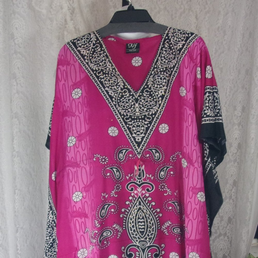 Easy Comfort Dressing Caftan Maxi Dress Pink Black Print O/S by NF
